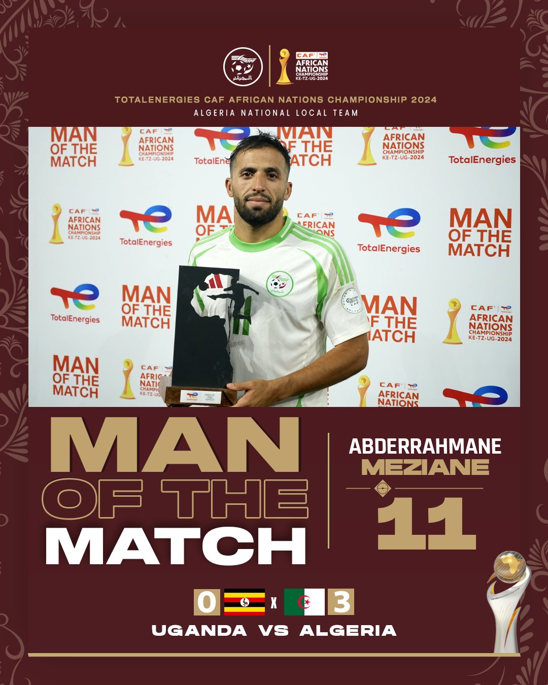 Meziane reacts after Algeria’s commanding 3–0 win over Uganda in CHAN 2024 opener