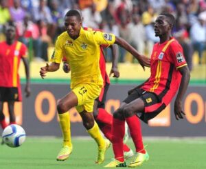 Uganda Cranes captain in CHAN 2016 in Rwanda Bernard Muwanga in action against Zimbabwe