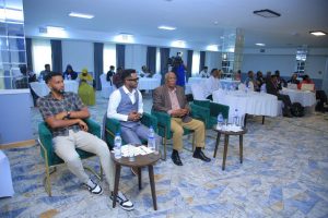 Former Dedebit and Ethio Electric midfielder Asrat Megeressa, Minyahel Teshome and EPLSC chairman Lieutenant Fekade Mamo at a conference for the 2025-26 Ethiopian Premier League