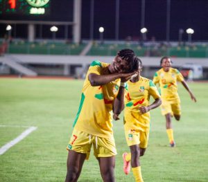 Benin U-20 women's national team star Romaine Gandonou celebrates a goal against Guinea in 2026 Women's World Cup qualifying