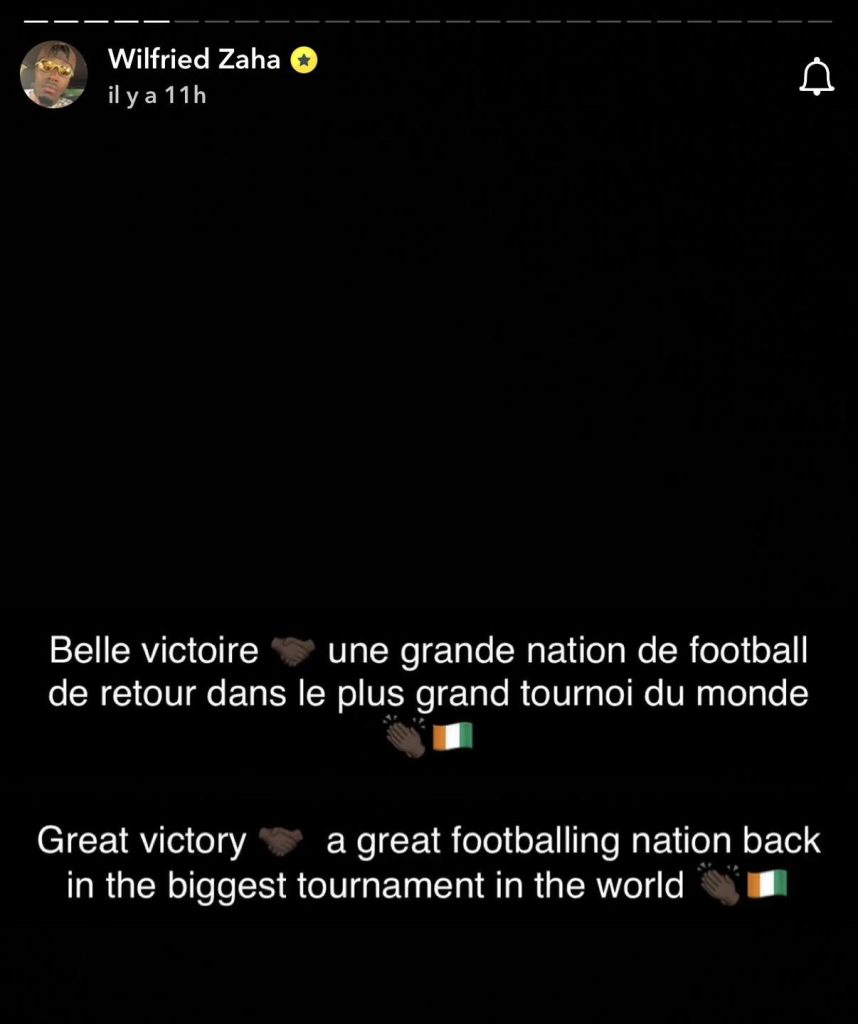 Wilfried Zaha congratulates the Ivory Coast national team on qualifying for the 2026 World Cup