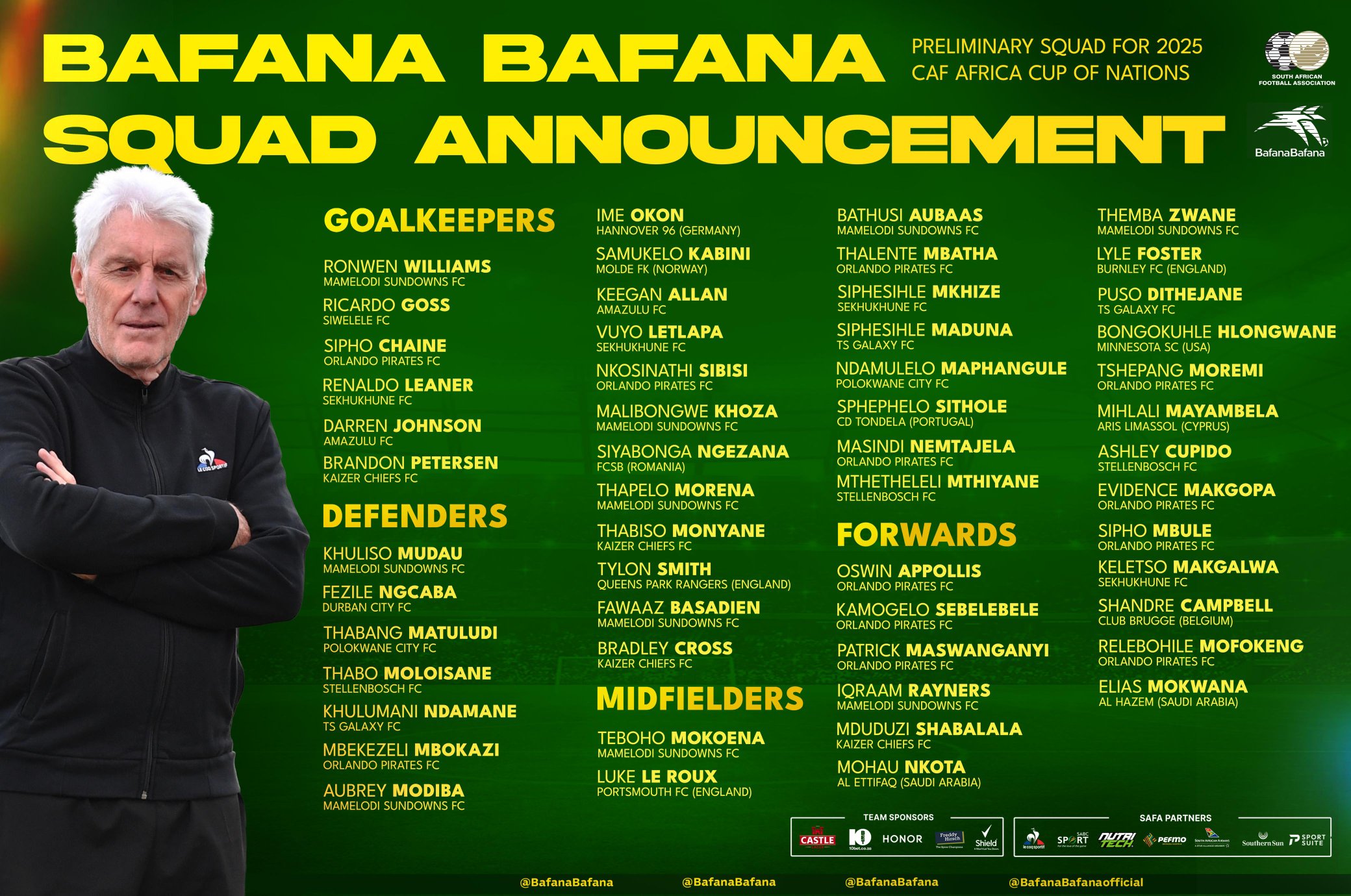 Bafana Bafana coach Hugo Broos announces his Africa Cup of Nations preliminary squad. 