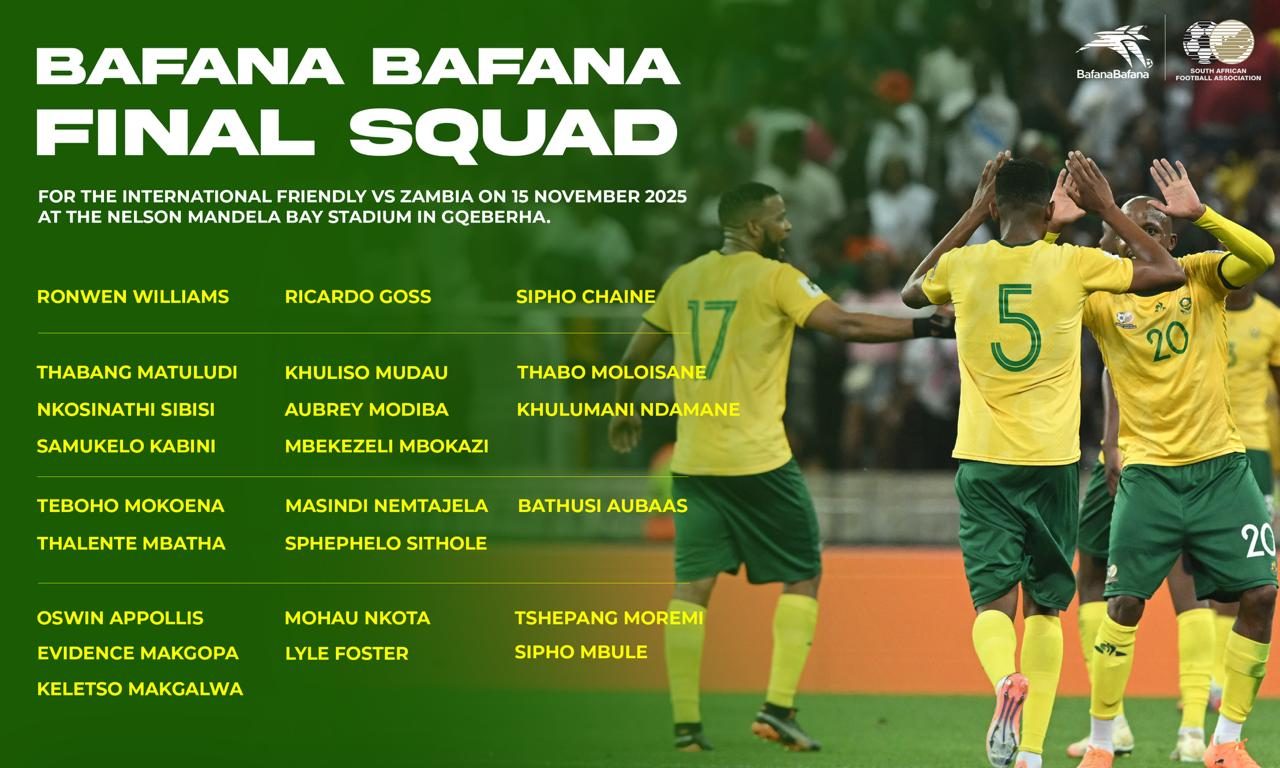 AFCON warm-up: Broos announces Bafana squad for Zambia friendly 1 Bafana Bafana squad to face Zambia on 15 November 2025 in Gqeberha