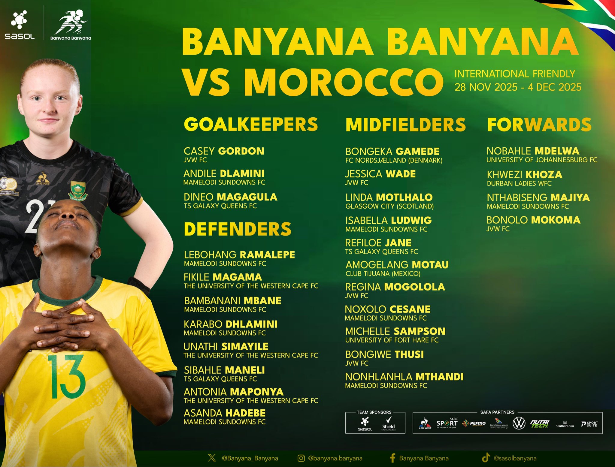 Banyana Banyana squad has been released for the upcoming International friendly against Morocco. 