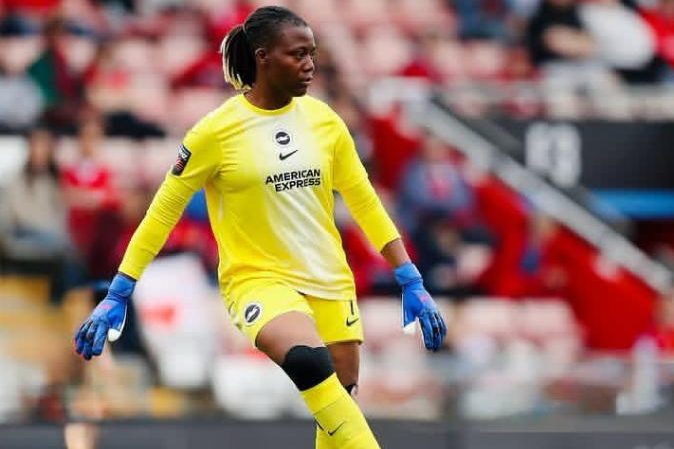 Chiamaka Nnadozie celebrates Brighton’s FA Cup semi-final triumph